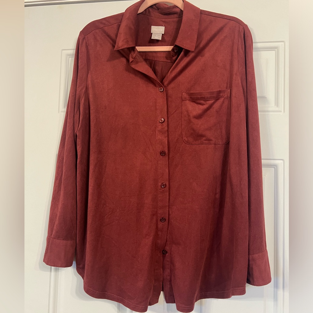 Chicos Brand Ladies Suede Feel Shirt In Rust, Size 12/14